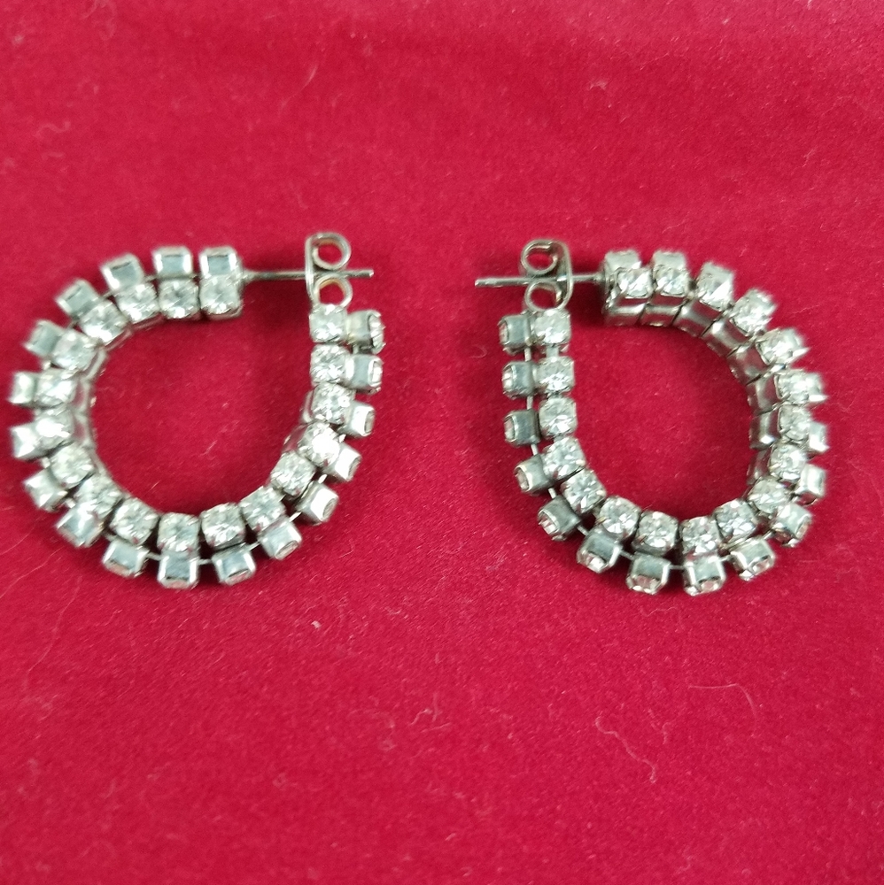 Vintage Womens Earrings Hoop 3 Rows Zirconium Stones Pierced 1 Inch Dinner Date